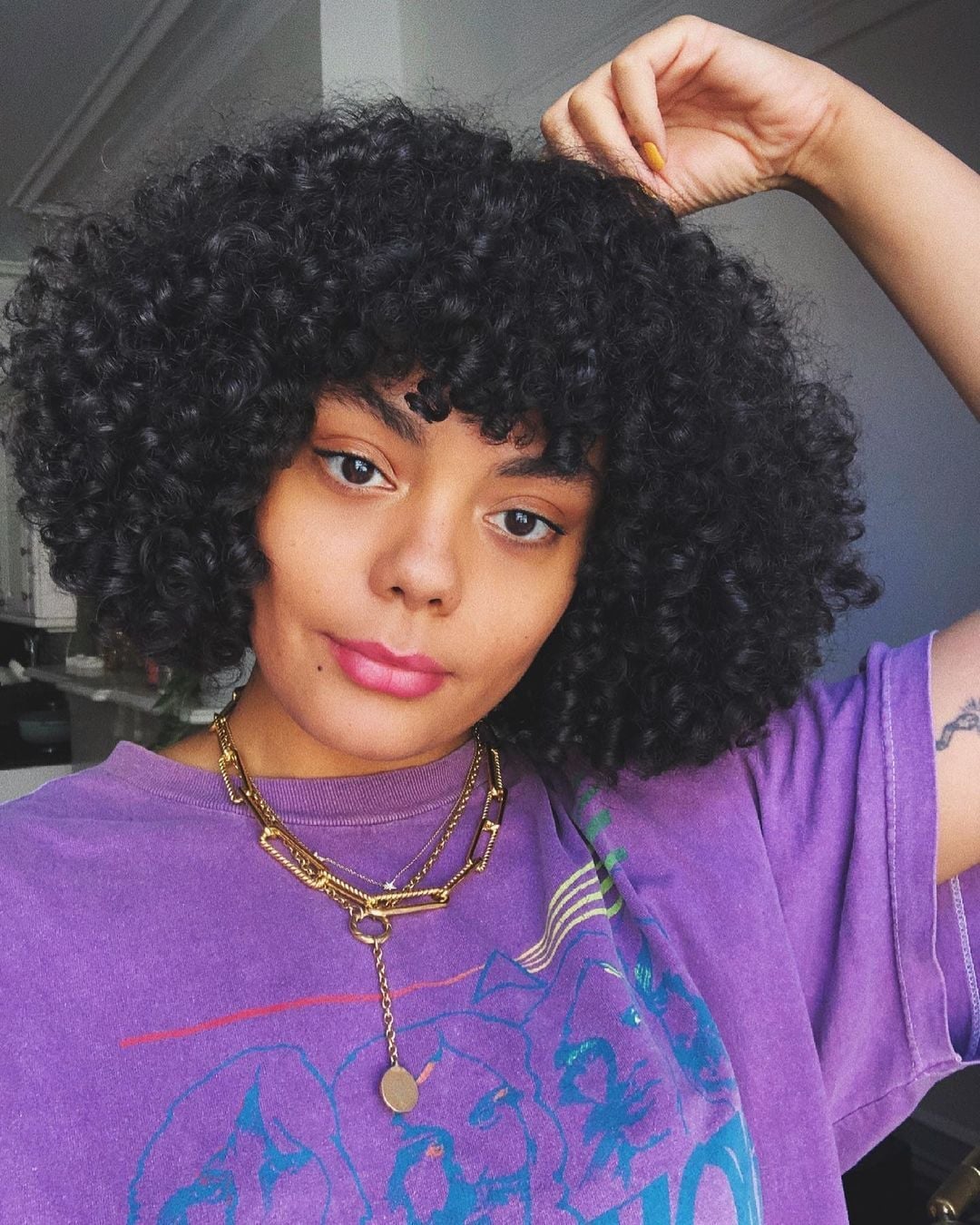 Chin Length Black Curly Bob Full Bangs, Middle Chin Length Black Curly Bob Full Bangs, Middle