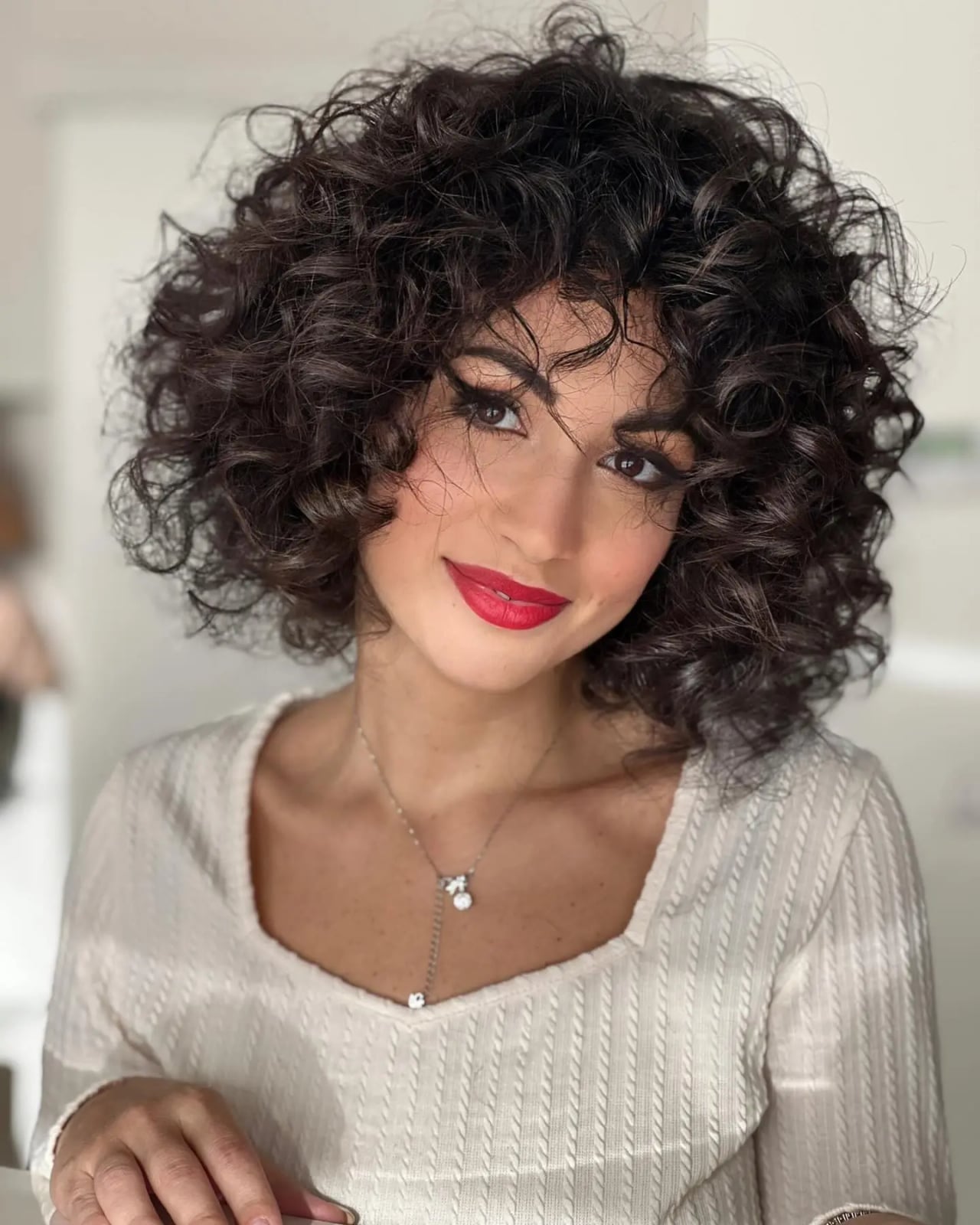 Chin Length Curly Bob Wispy Bangs Chin Length Curly Bob Wispy Bangs