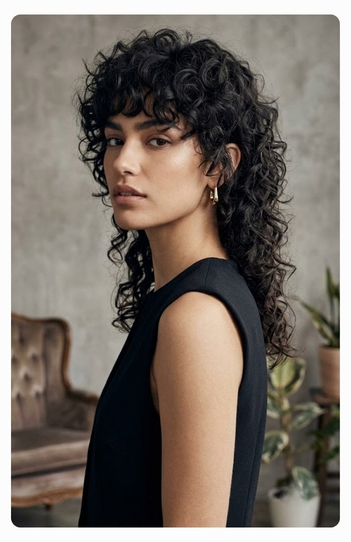 Collarbone Mullet With Curtain Bangs, Dark Brown Collarbone Mullet With Curtain Bangs, Dark Brown — Curly Haircuts