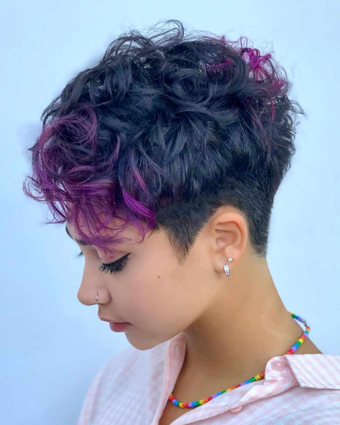 Edgy Black Pixie With Purple Streaks Edgy Black Pixie With Purple Streaks — Curly Pixie