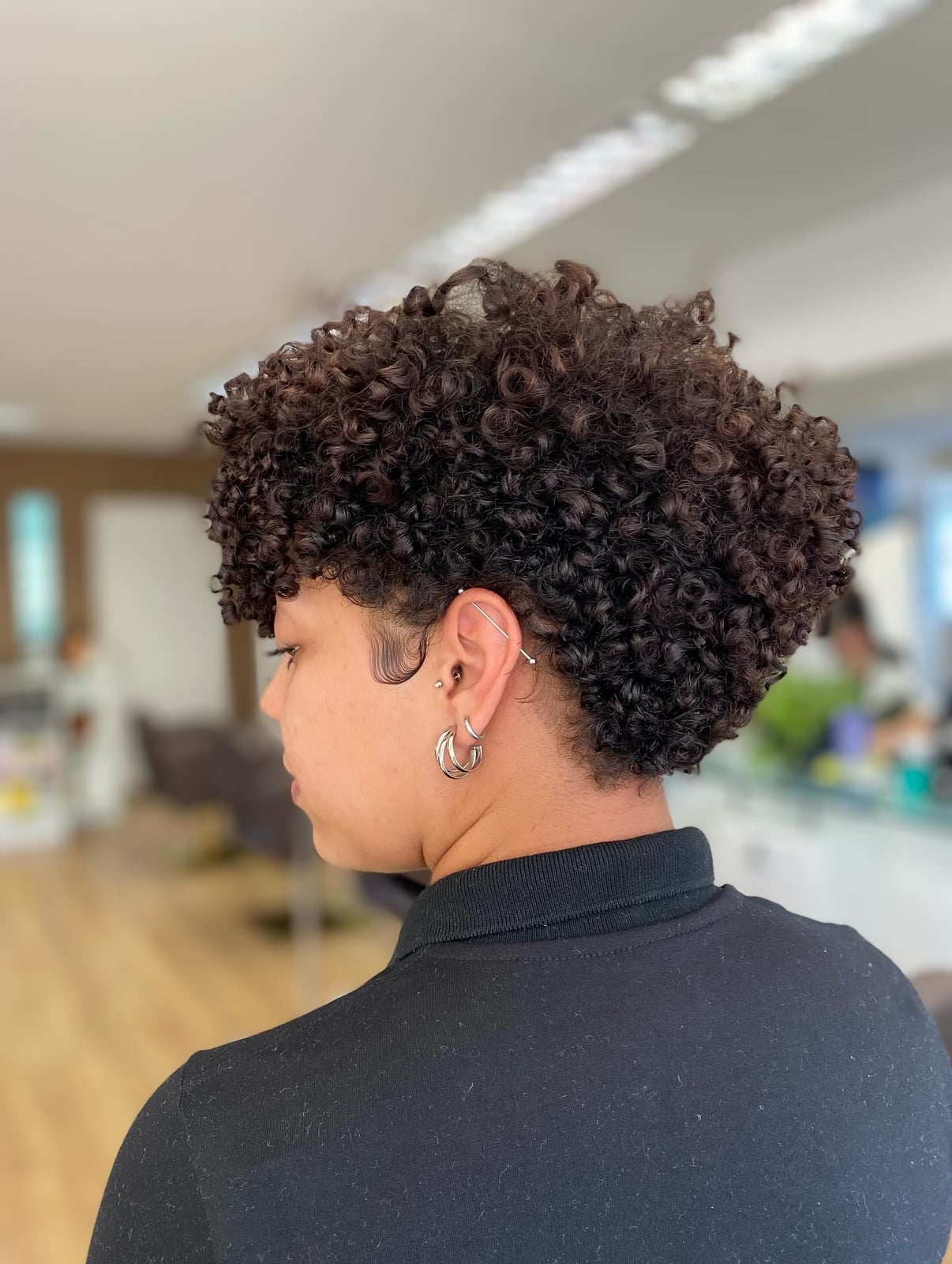 Textured Crown Dark Brown Curly Pixie, Ear Textured Crown Dark Brown Curly Pixie, Ear