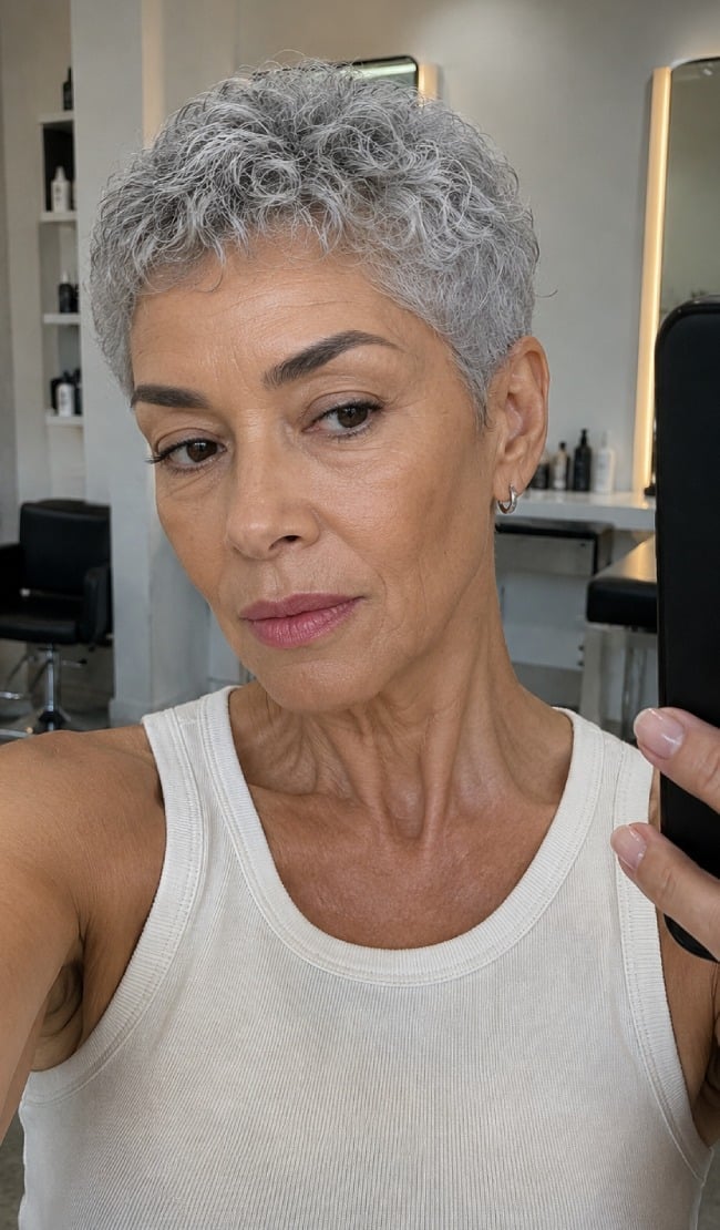 Neat Silver Gray Curly Pixie Neat Silver Gray Curly Pixie