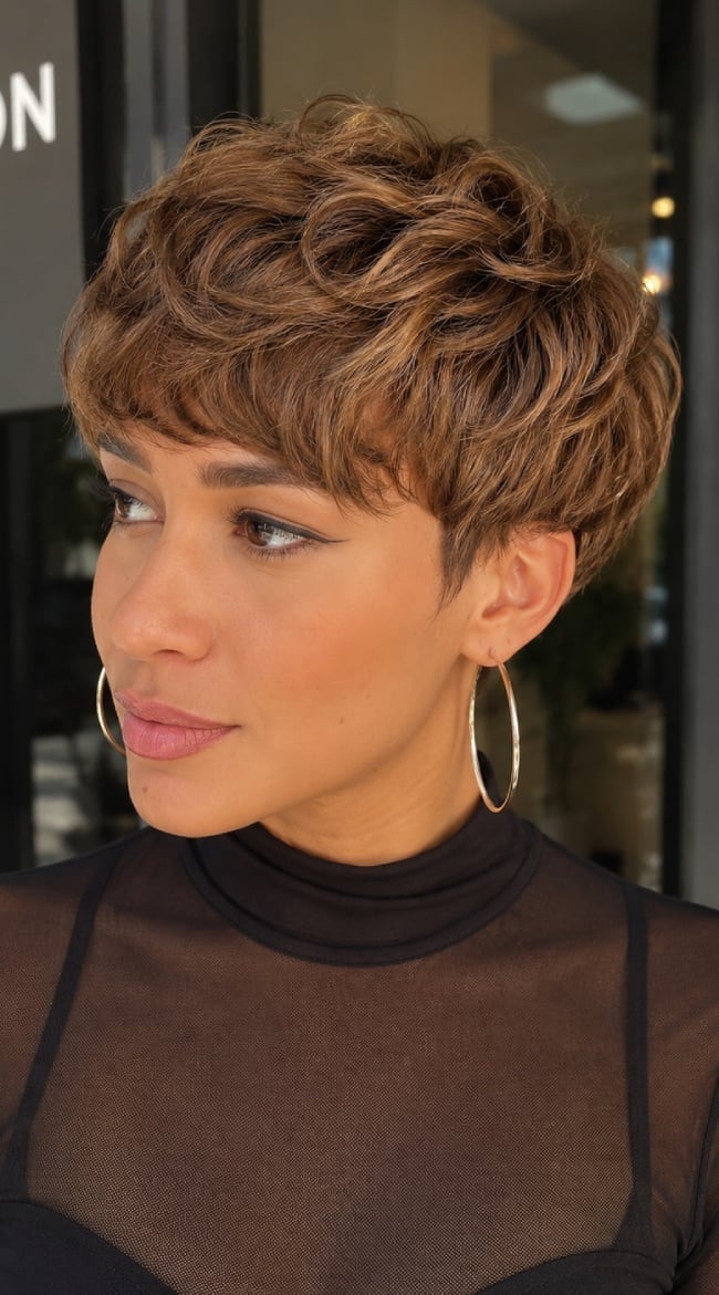 Layered Brown Pixie With Blonde Highlights Layered Brown Pixie With Blonde Highlights — Curly Pixie
