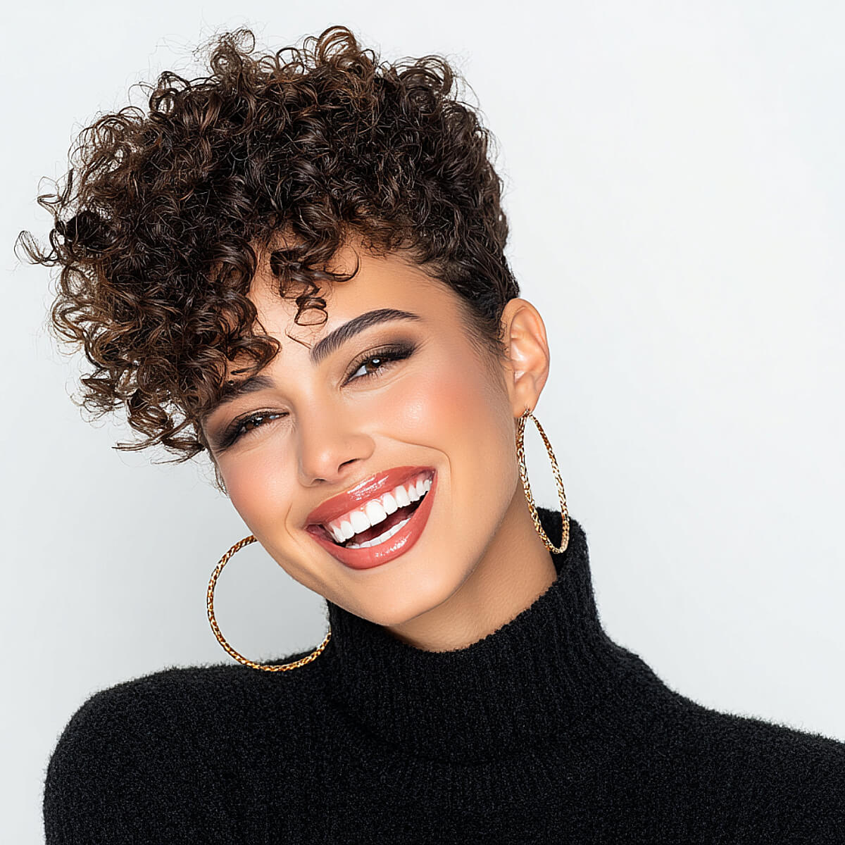 Dark Brown Pixie With Swept Fringe Dark Brown Pixie With Swept Fringe — Curly Pixie