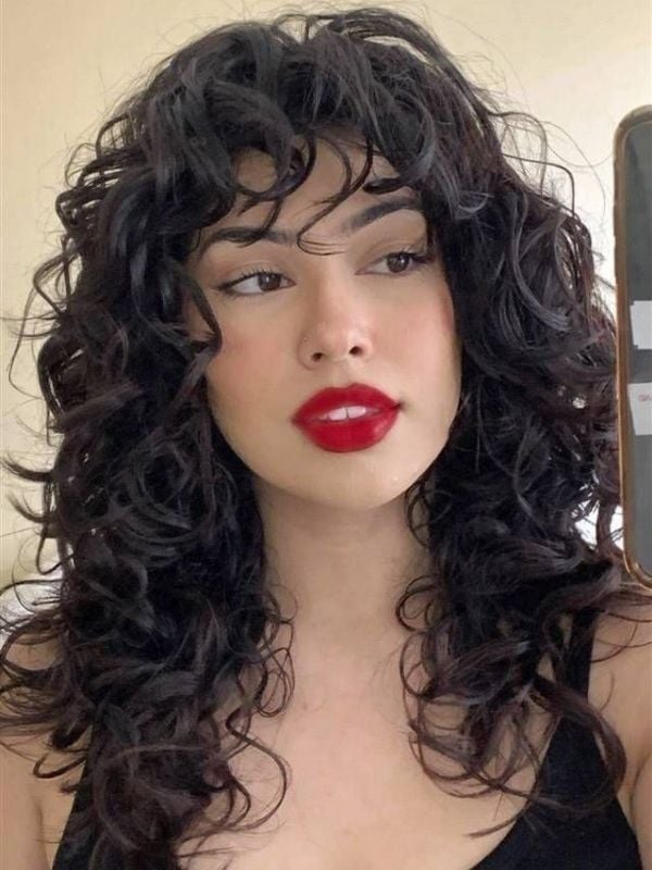 Dark Brown Collarbone Shag With Curly Bangs, Air Dried Dark Brown Collarbone Shag With Curly Bangs, Air Dried — Curly Shag