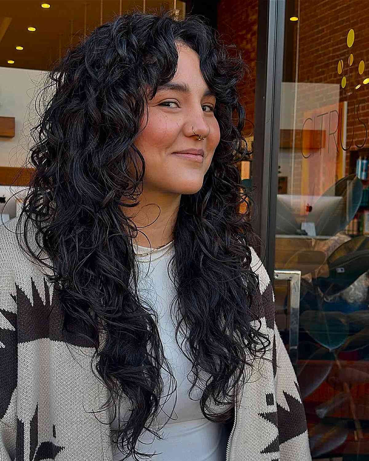 Long Dark Brown Curly Shag With Face-Framing Layers, Mid-Back Long Dark Brown Curly Shag With Face-Framing Layers, Mid-Back