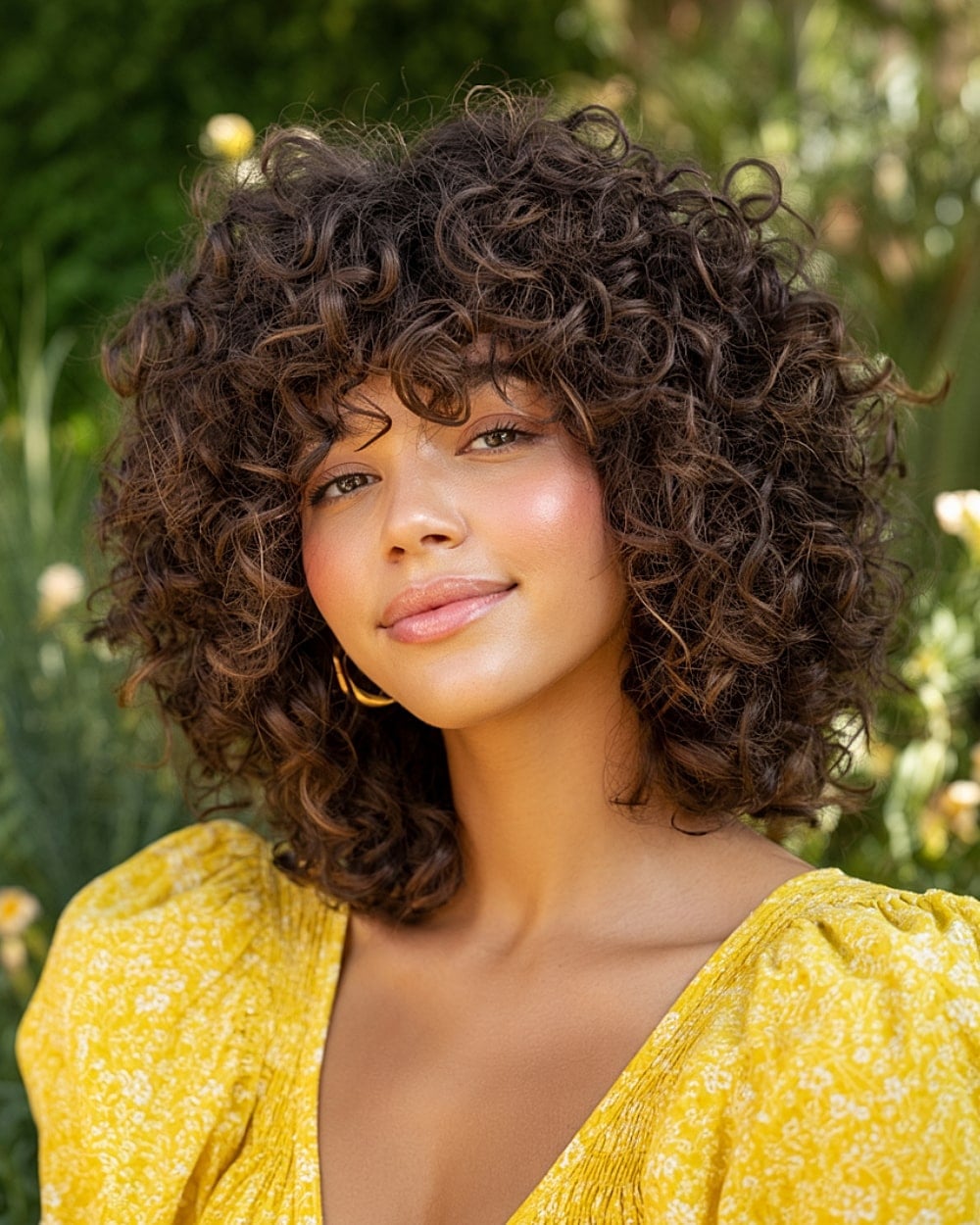 Collarbone Length Dark Brown Shag With Full Curly Bangs Collarbone Length Dark Brown Shag With Full Curly Bangs — Curly Shag