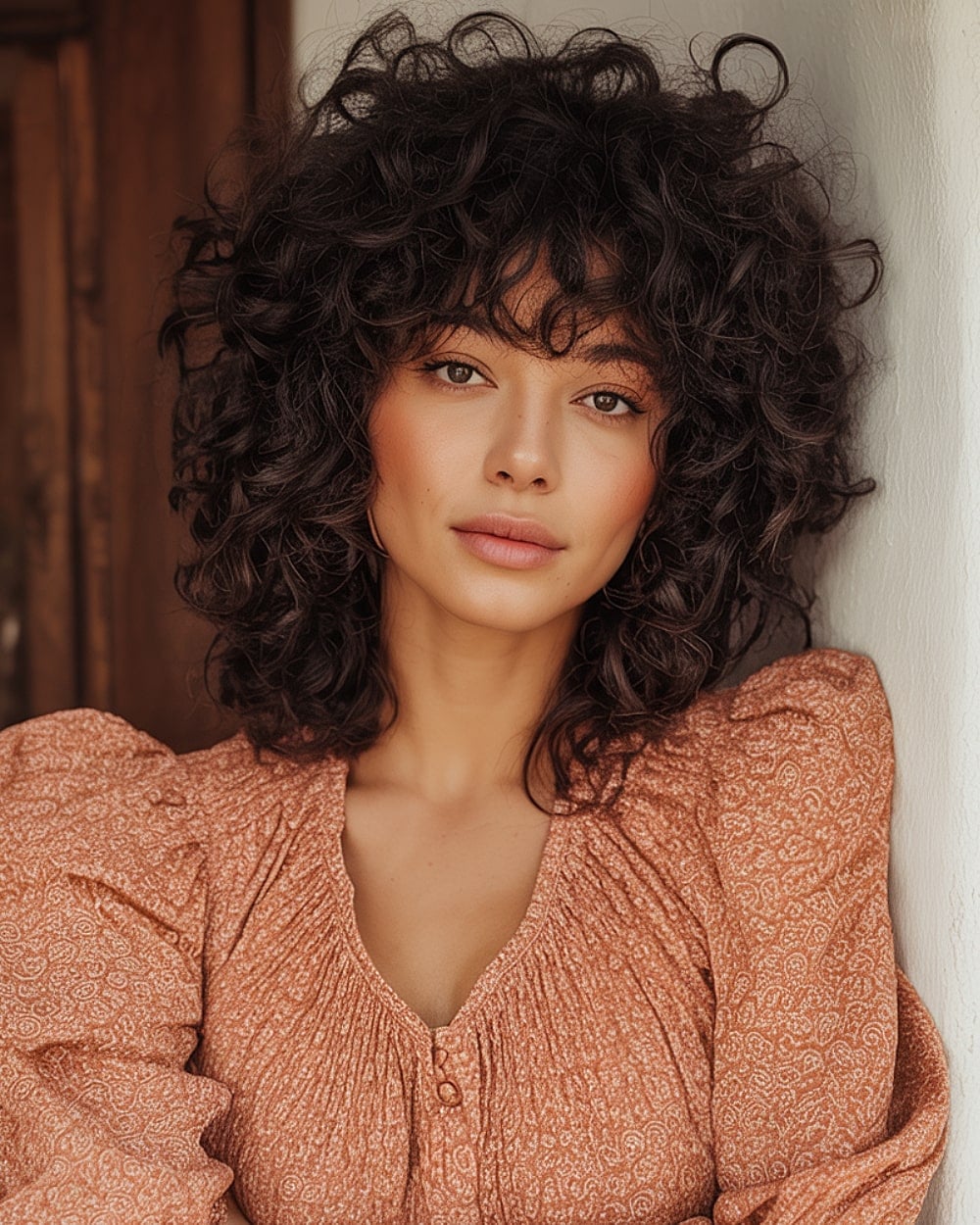 Dark Brown Shag With Defined Curls and Curtain Bangs Dark Brown Shag With Defined Curls and Curtain Bangs — Curly Shag