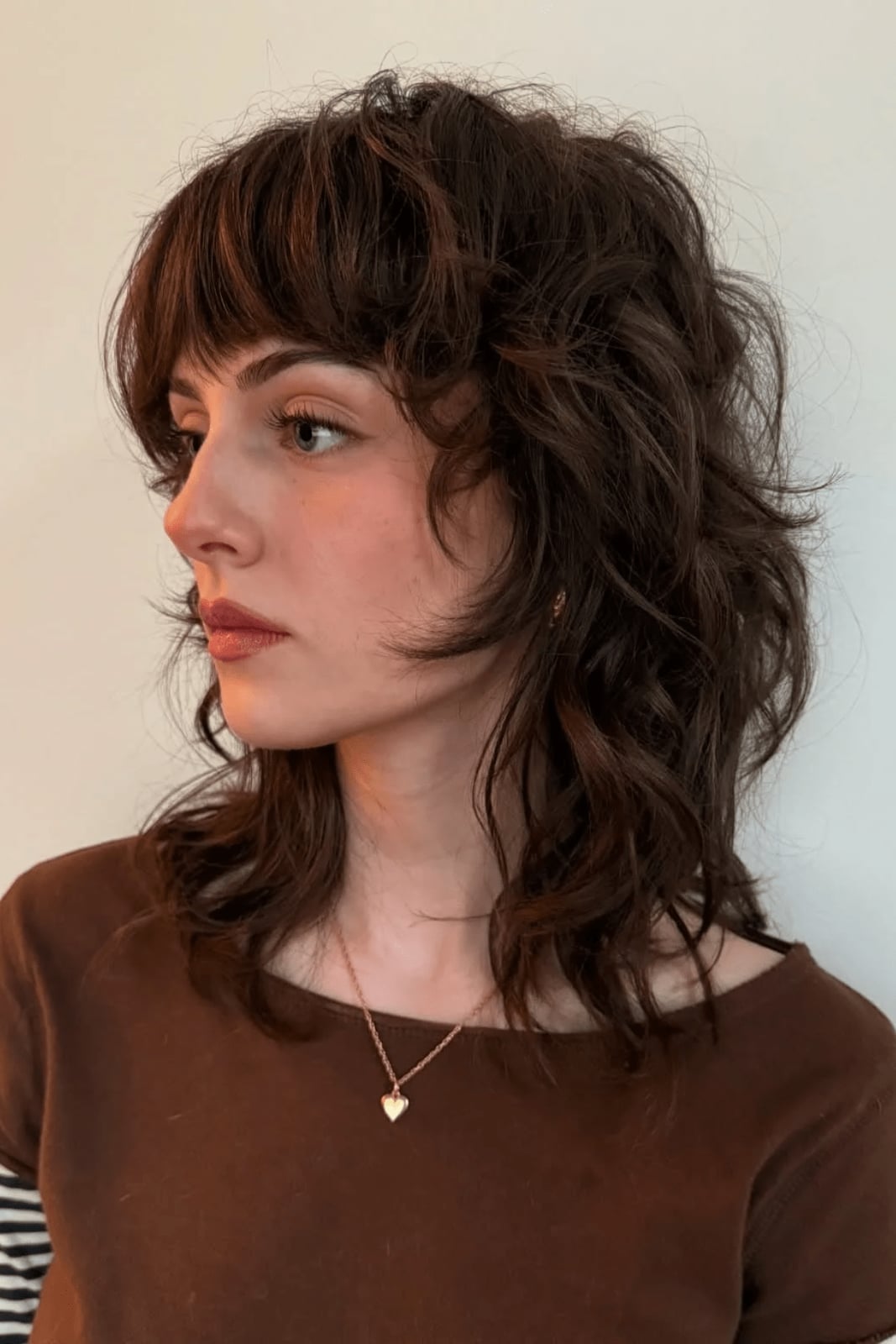 Dark Brown Collarbone Shag With Face-Framing Layers Dark Brown Collarbone Shag With Face-Framing Layers — Curly Shag