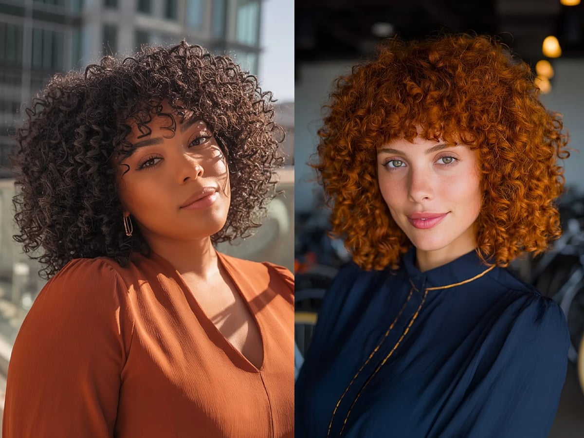 Dark Blonde Collarbone Shag With Copper Highlights, Curtain Bangs Dark Blonde Collarbone Shag With Copper Highlights, Curtain Bangs — Curly Shag