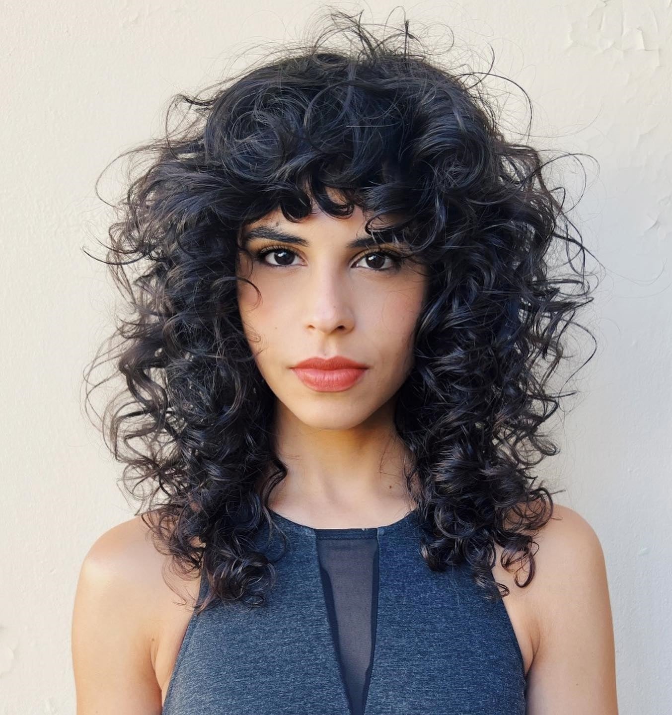 Collarbone Dark Brown Wolf Cut With Full Bangs, Middle — Curly Wolf Cut