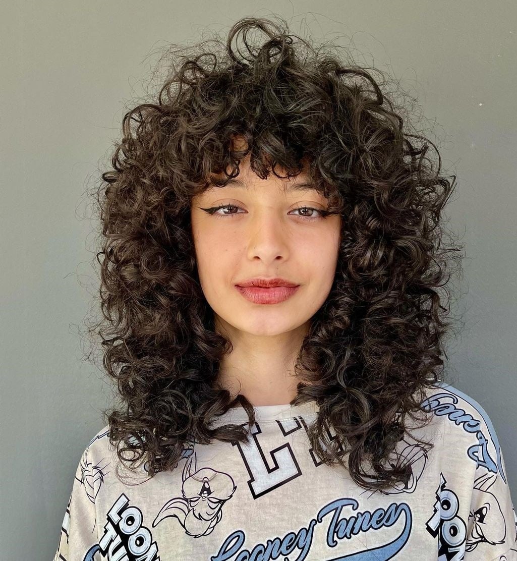 Shoulder Length Dark Brown Wolf Cut With Textured Fringe — Curly Wolf Cut