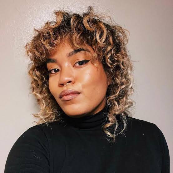 Collarbone Dark Brown Wolf Cut With Blonde Highlights — Curly Wolf Cut