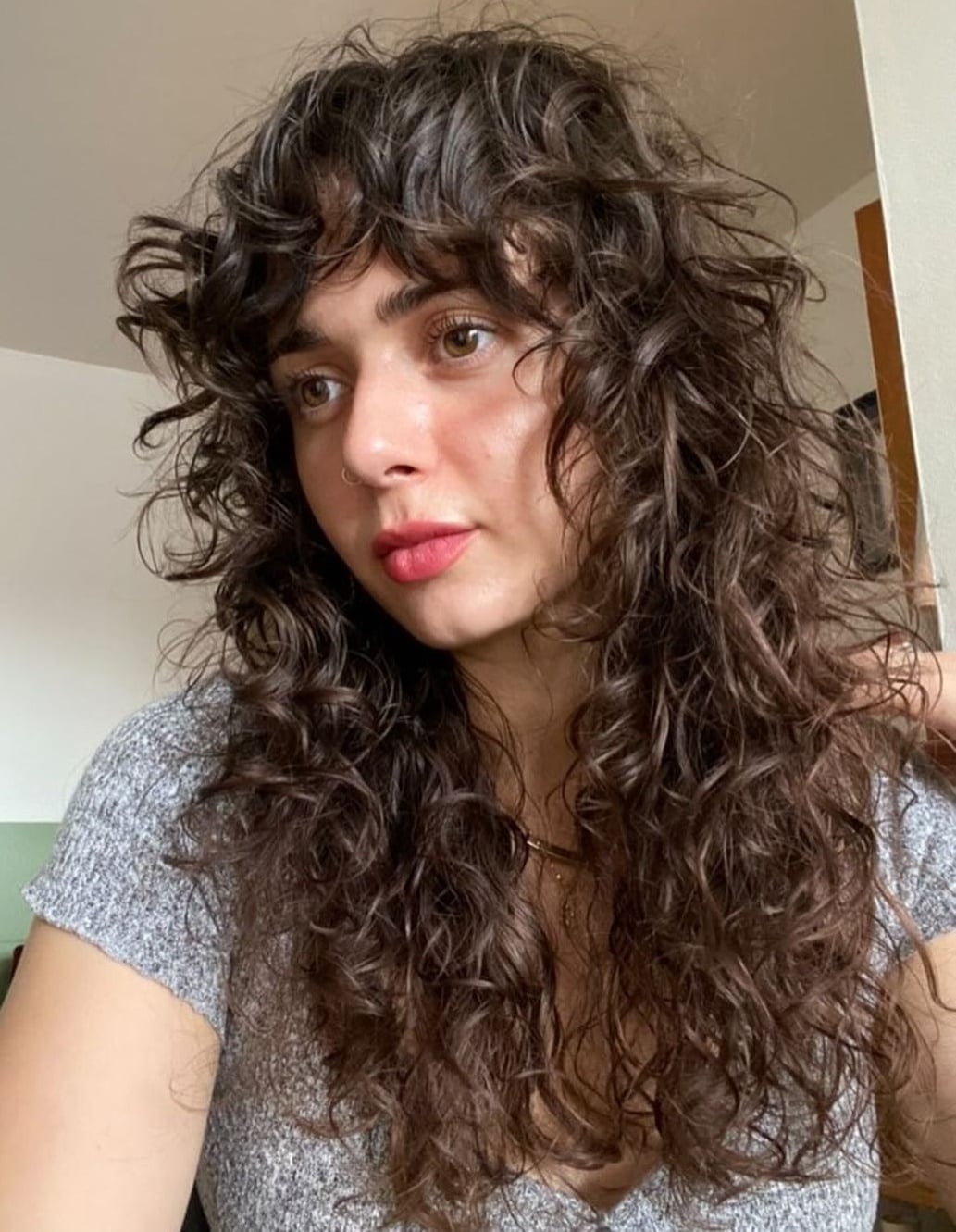 Collarbone Dark Brown Wolf Cut With Full Fringe — Curly Wolf Cut