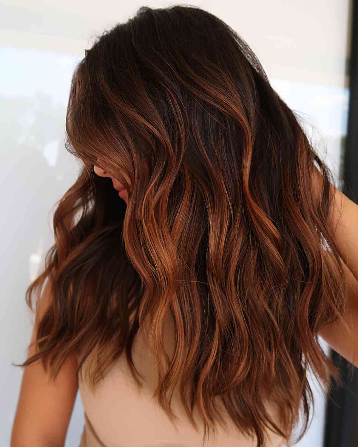 Mid-Back Layers Dark Brown With Auburn Balayage — Dark Auburn Hair