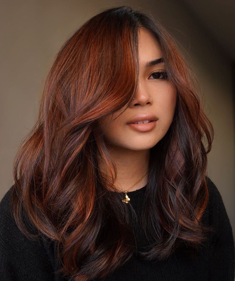 Collarbone Layers With Side-Swept Bangs Dark Auburn Balayage — Dark Auburn Hair