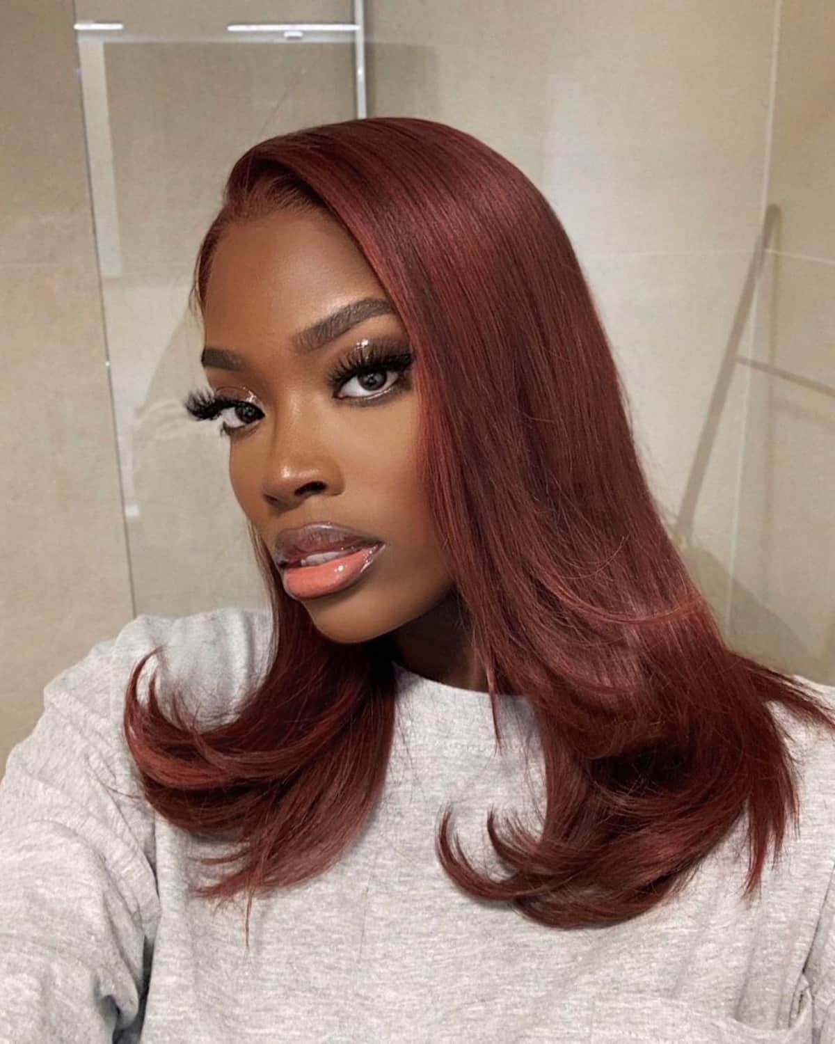 Chin Length Long Bob Dark Auburn With Lighter Balayage — Dark Auburn Hair