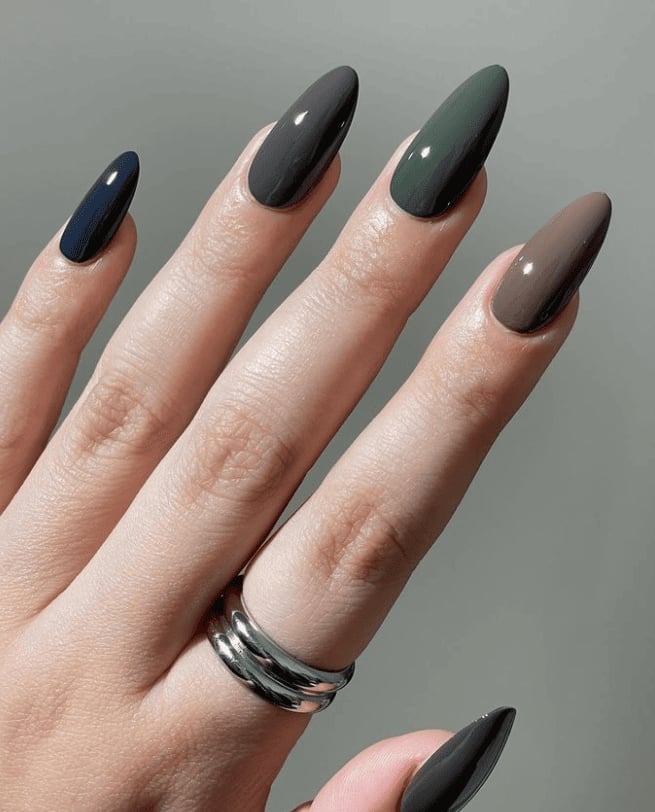 Medium Almond Dark Muted Tone Glossy Nails — Dark Nails