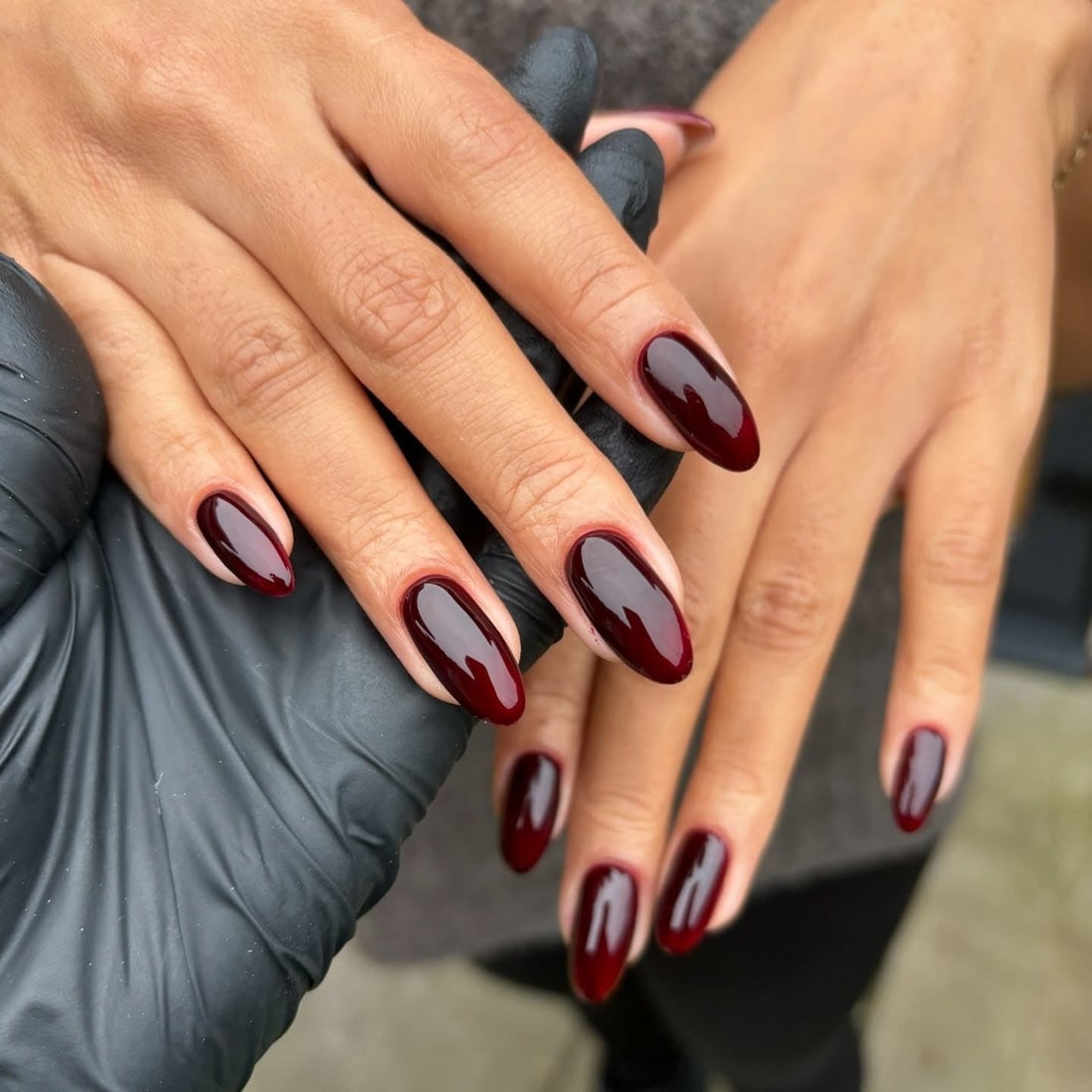 Long Oval Rich Deep Burgundy Red Glossy Nails — Dark Nails
