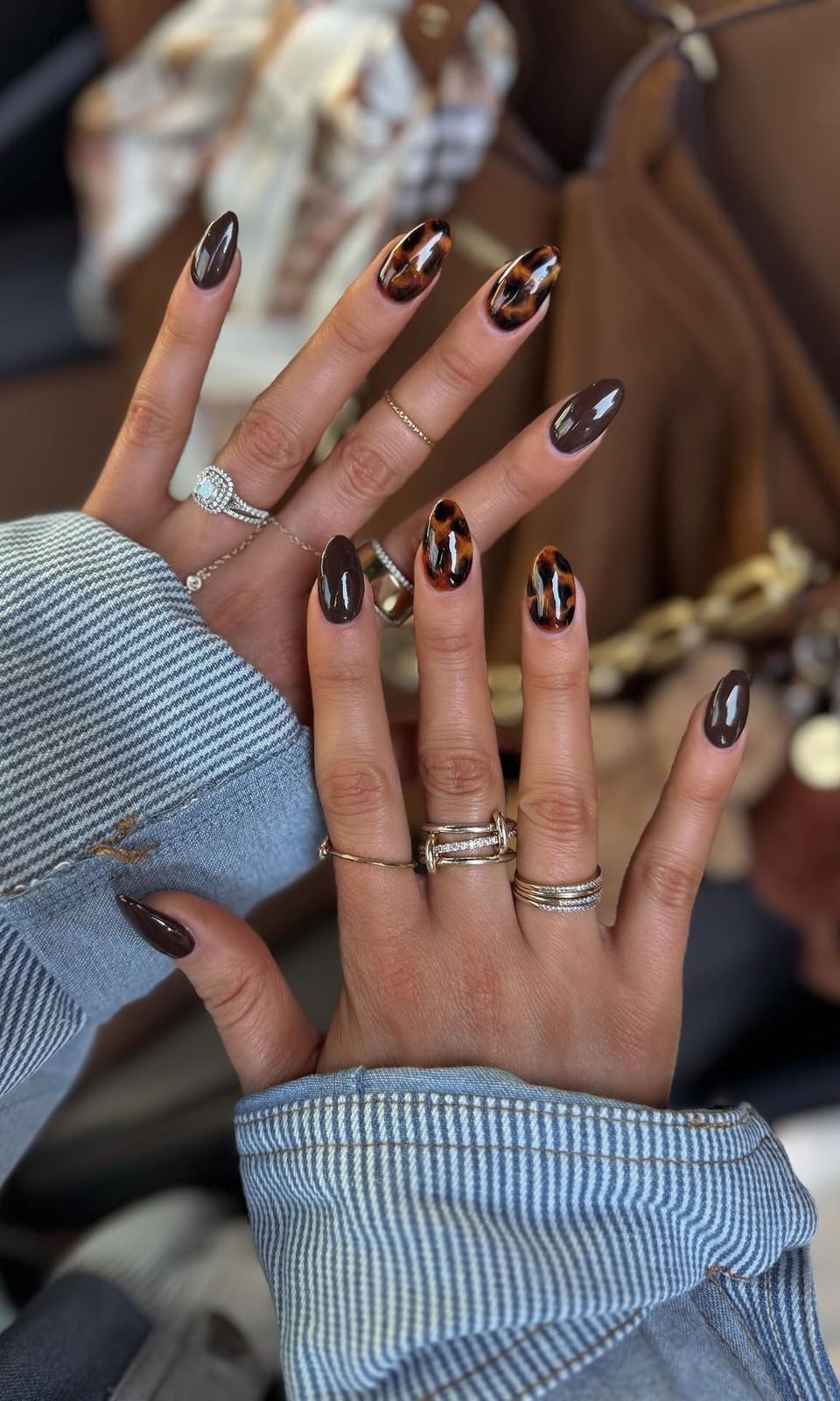 Short Almond Dark Brown Tortoise Shell Nails — Dark Nails