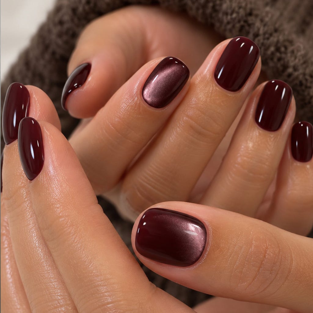 Short Oval Burgundy Rose Gold Cat-Eye Nails — Dark Nails