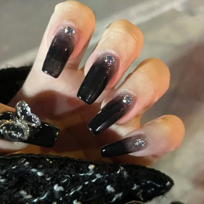 Long Coffin Black to Sheer Gray Ombre Bow Nails — Dark Nails