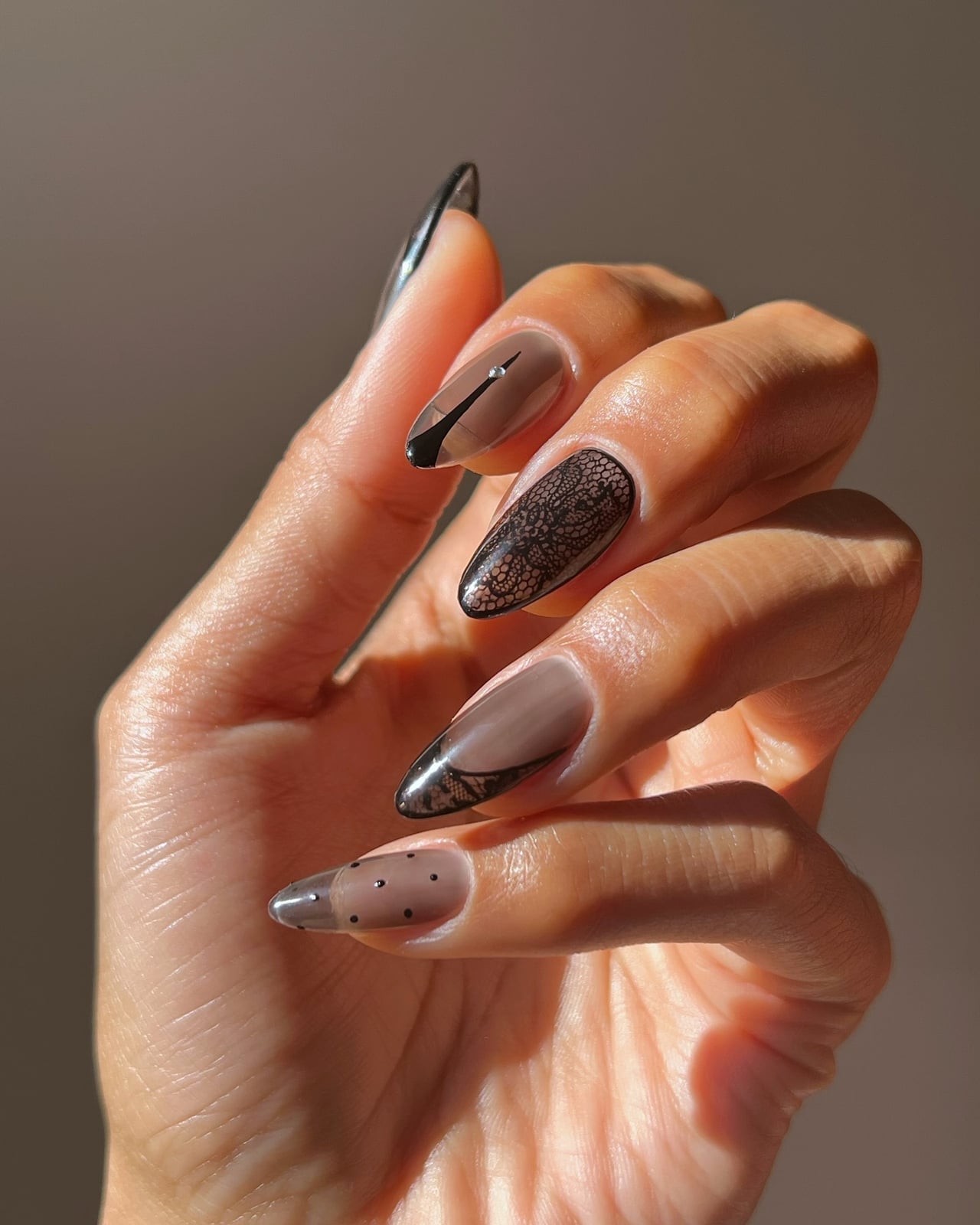 Long Almond Taupe Sheer Nude Lace Chrome Nails — Dark Nails