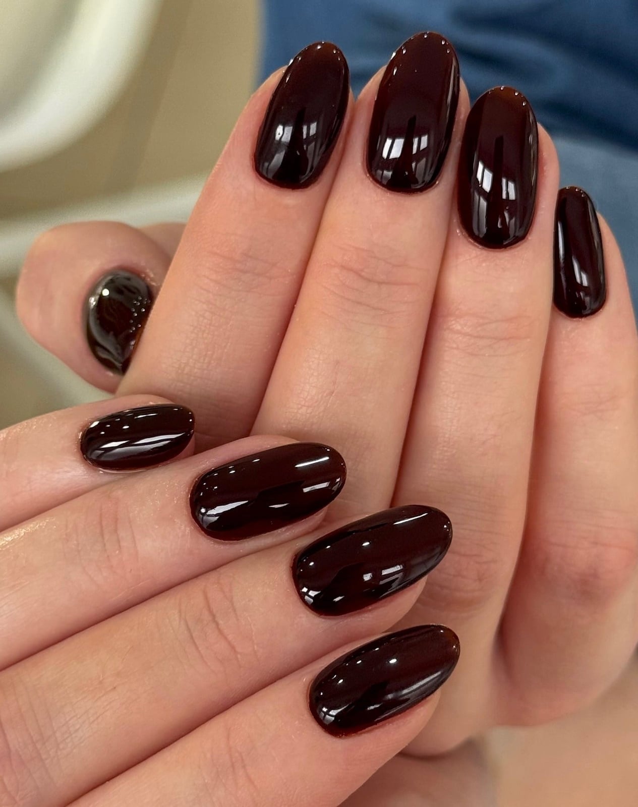 Short Oval Translucent Deep Brown Glossy Nails — Dark Nails