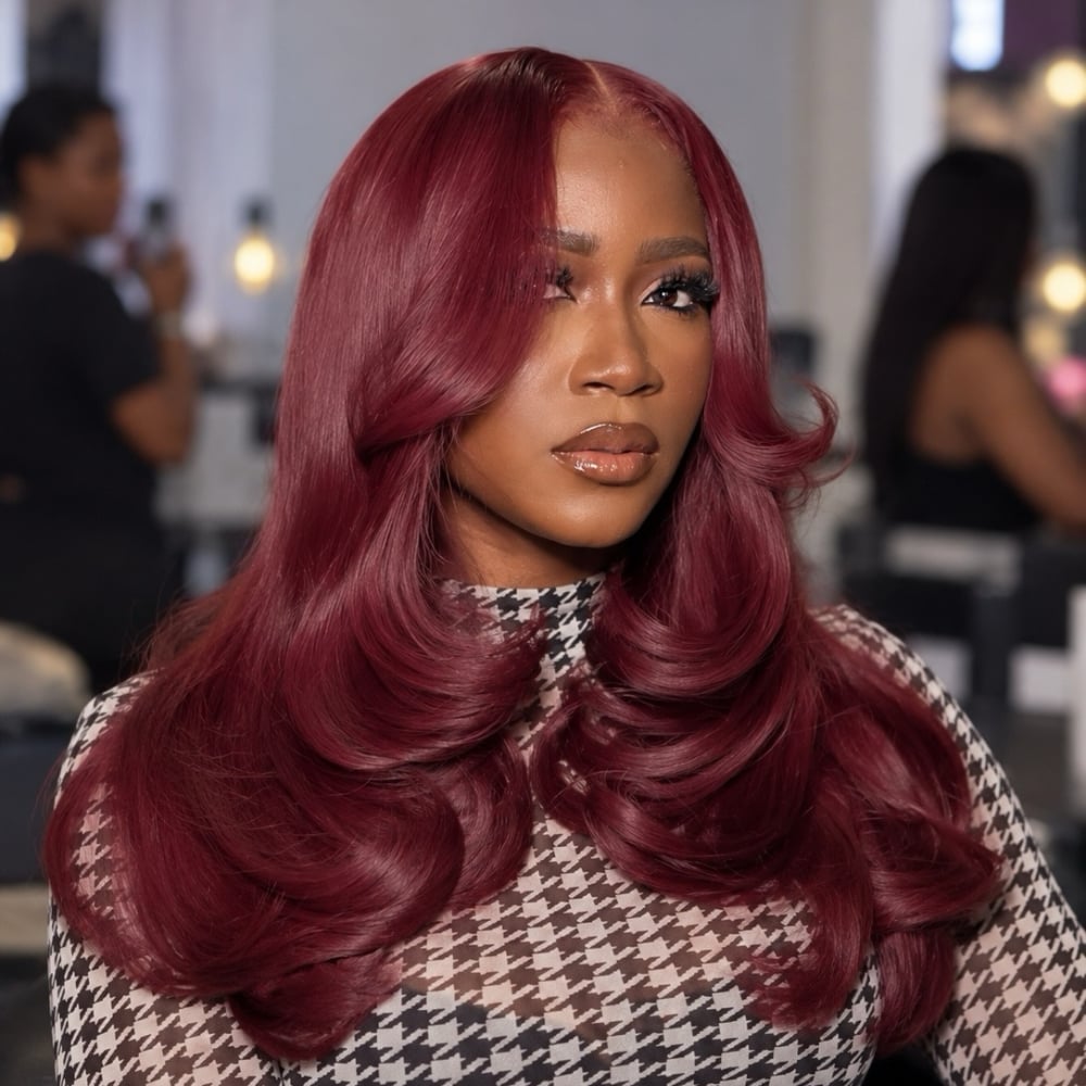 Shoulder Length Burgundy Red With Face Framing Layers — Dark Red Hair