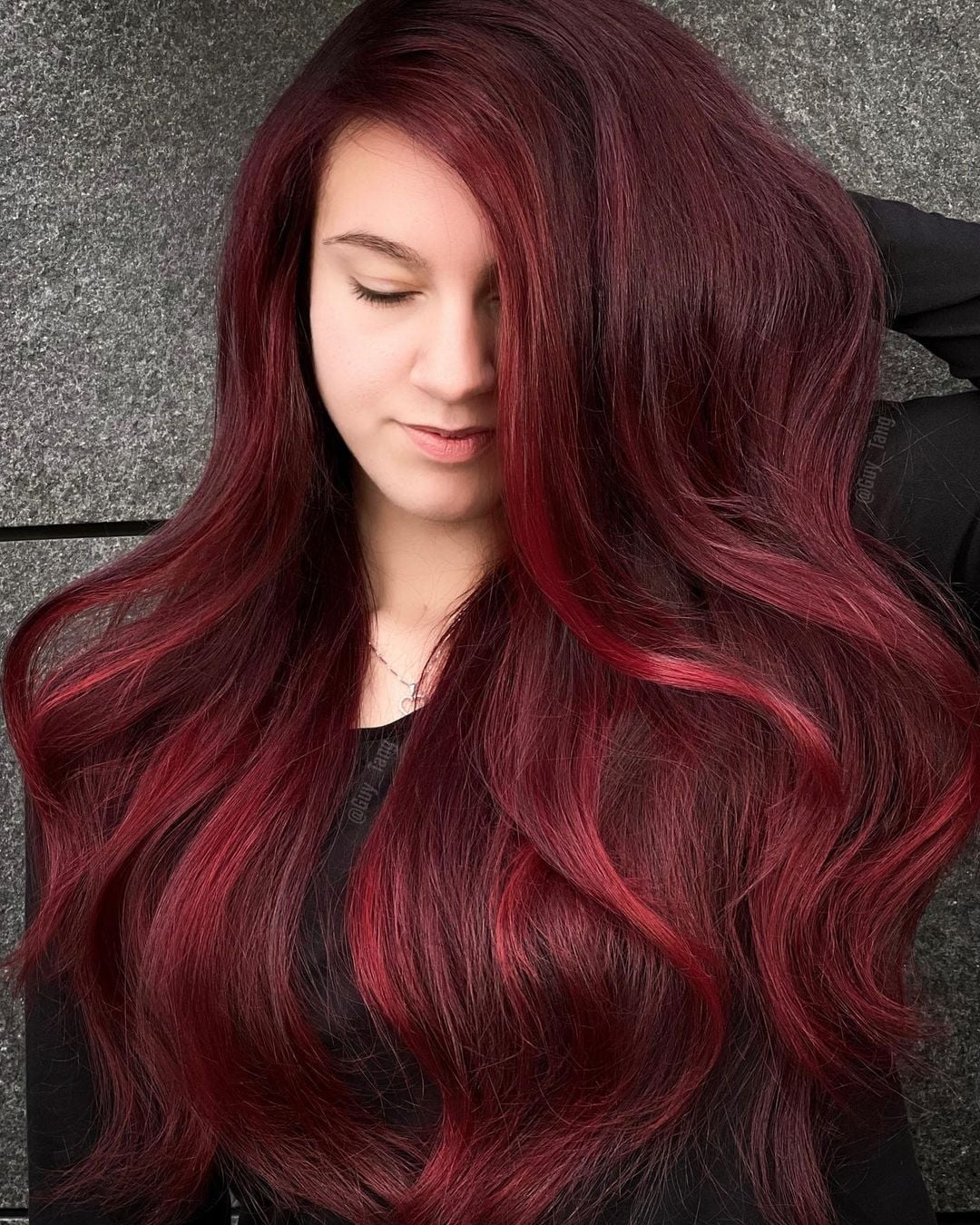 Mid-Back Dark Red With Vibrant Highlights, Wavy — Dark Red Hair