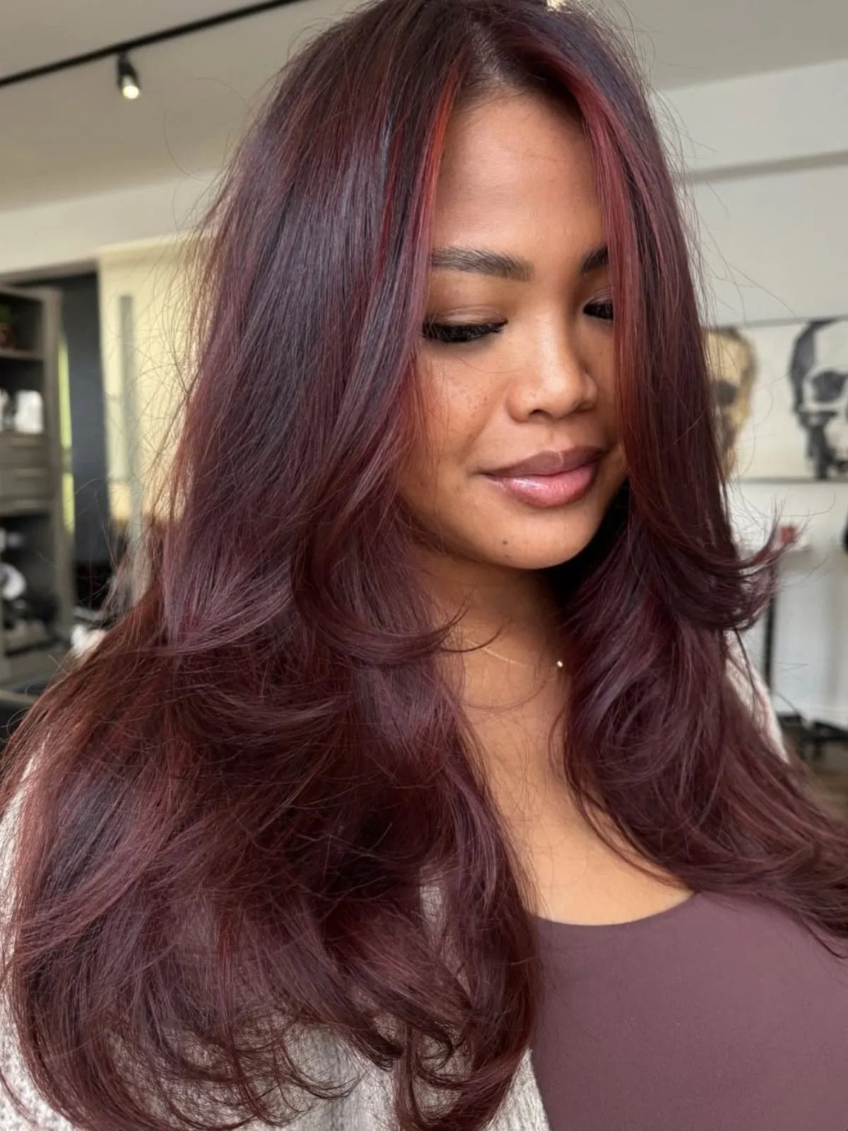 Mid-Back Dark Red Wine With Burgundy Tones — Dark Red Hair