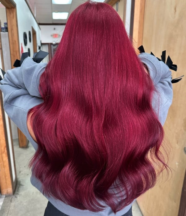 Mid-Back Deep Crimson Red With Long Layers — Dark Red Hair