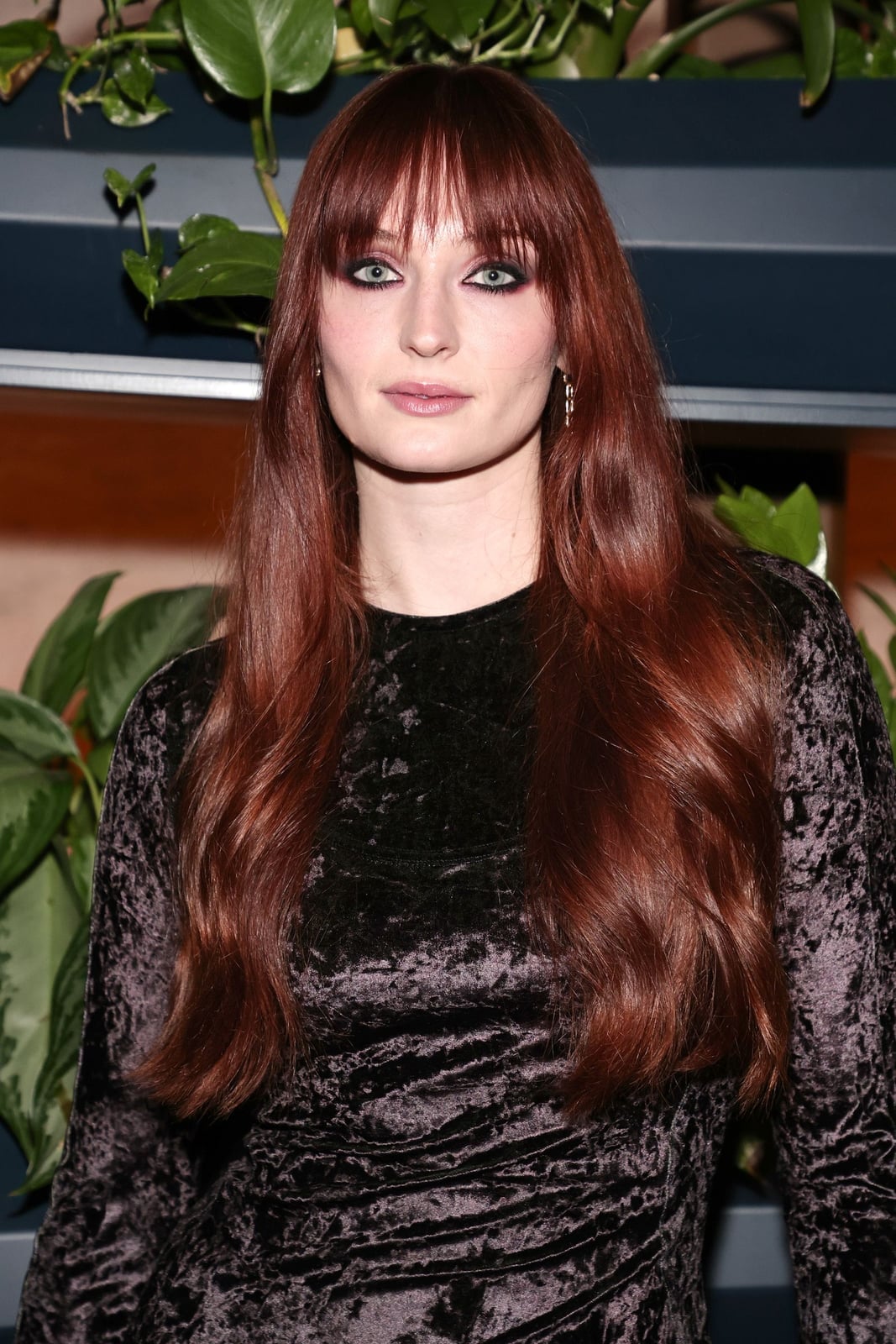Waist-Length Dark Auburn Red With Blunt Bangs — Dark Red Hair