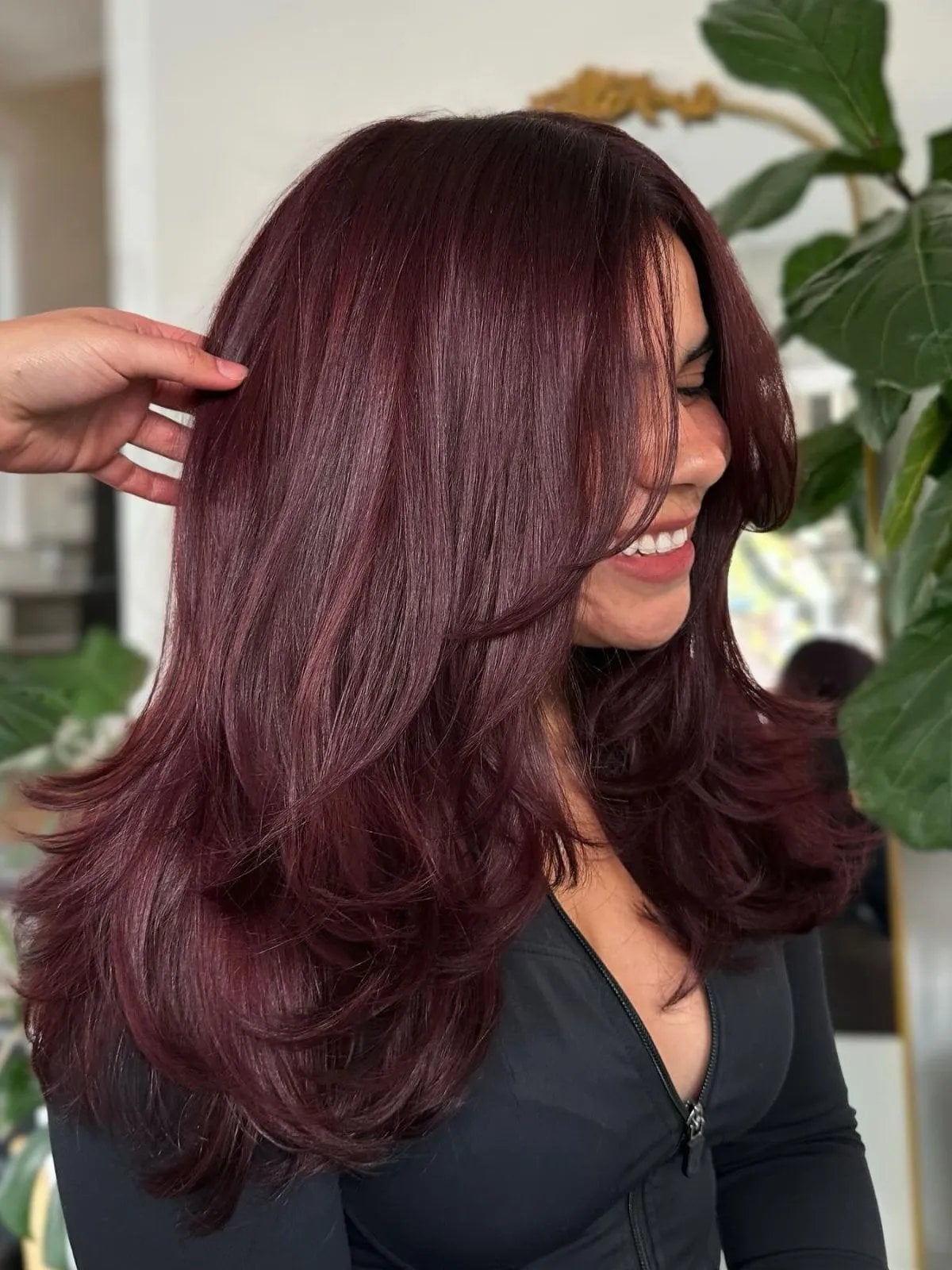 Mid-Back Dark Red Wine With Face Framing Layers — Dark Red Hair