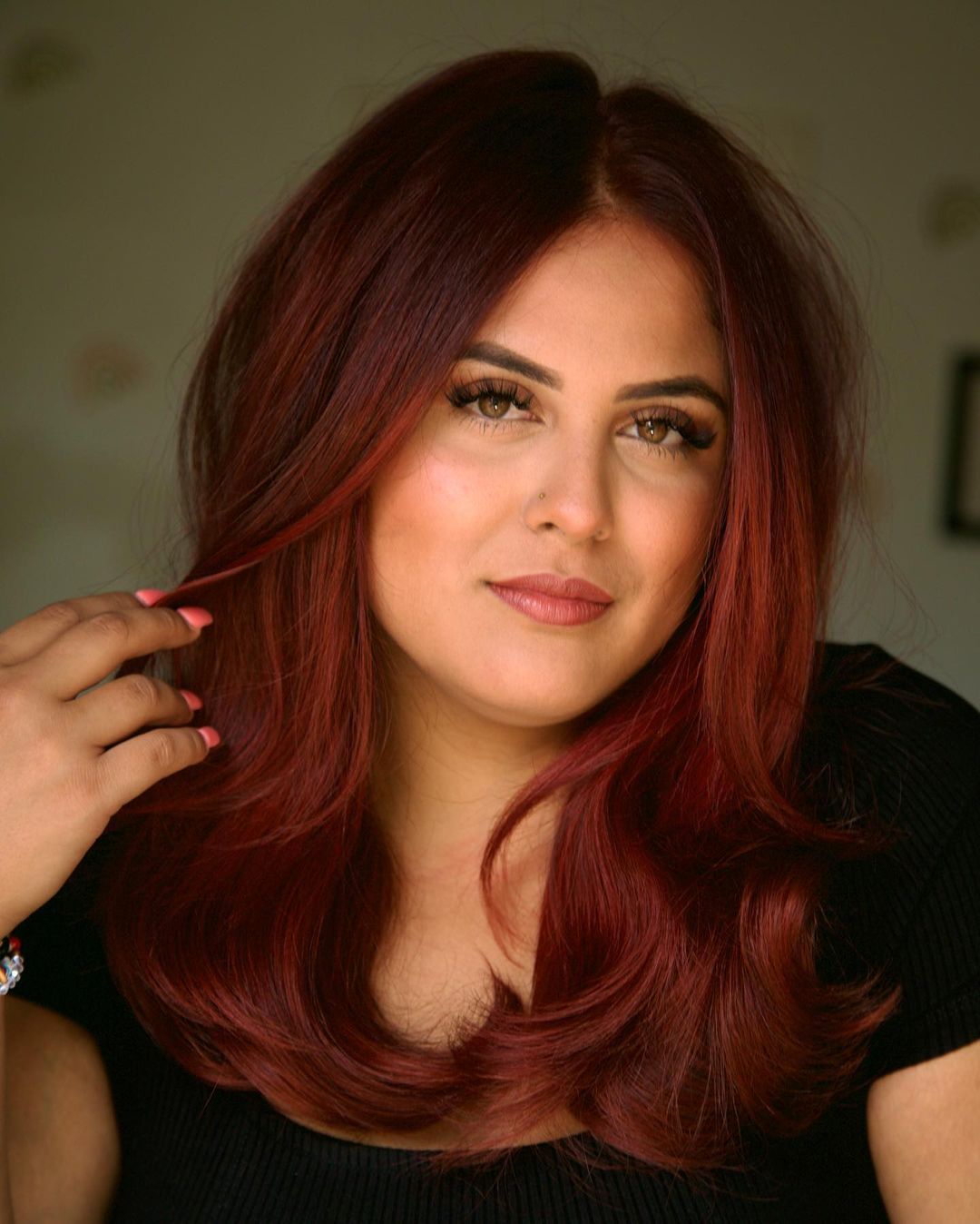 Collarbone Dark Red With Curtain Bangs — Dark Red Hair