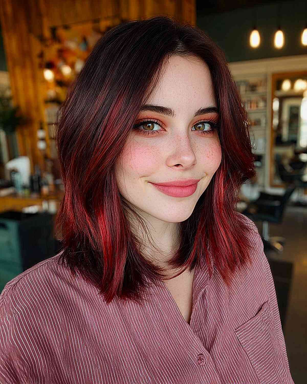 Collarbone Blunt Bob Dark Brown With Red Highlights — Dark Red Hair