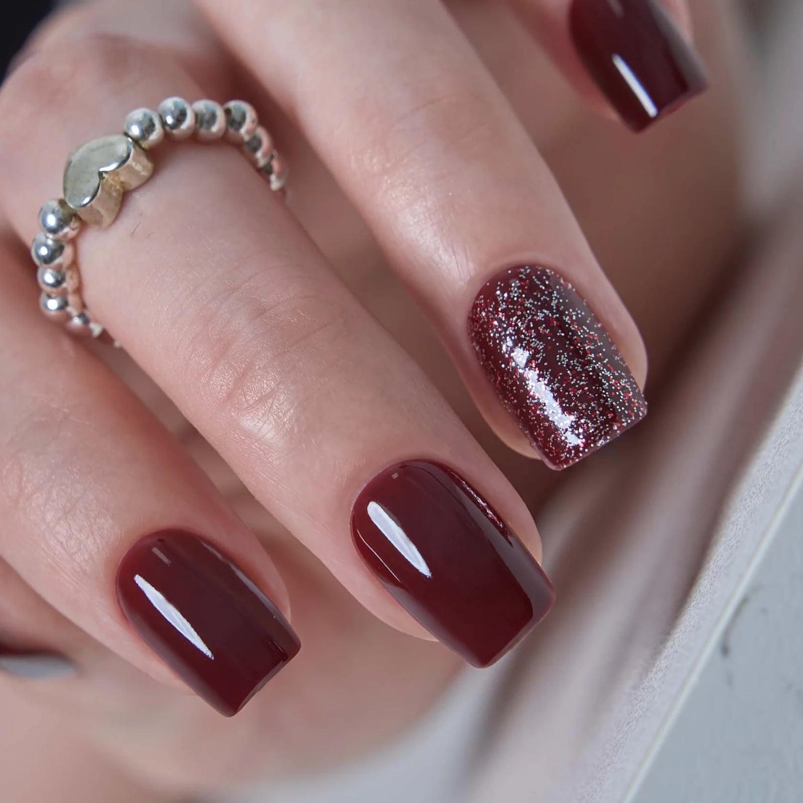 Dark Red Squoval Nails With Glitter Accent — Dark Red Nails