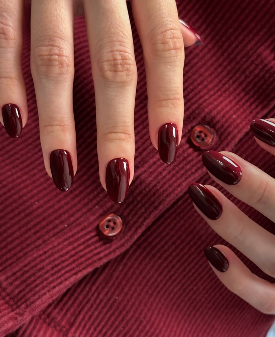 Deep Opaque Red Short Oval Nails — Dark Red Nails