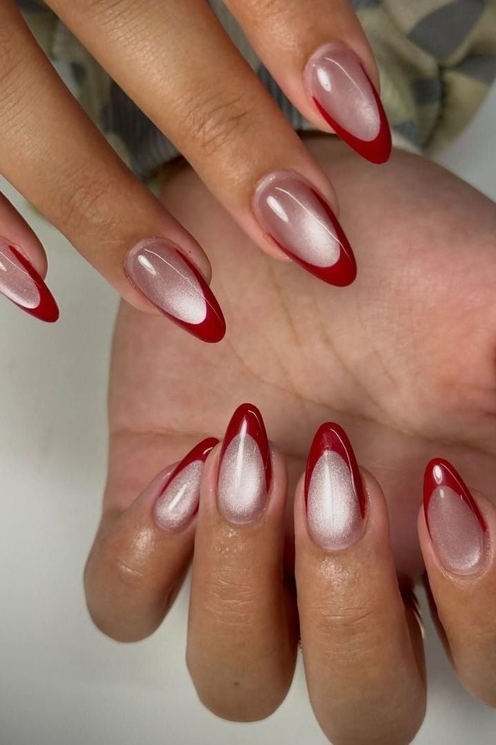Sheer Nude With Deep Red Cat Eye French Tip — Dark Red Nails