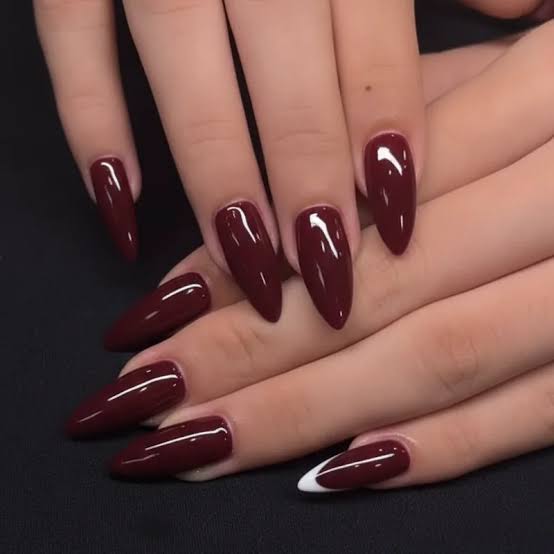 Medium Oval Deep Burgundy Glossy Nails, Showcasing The Smooth — Dark Red Nails