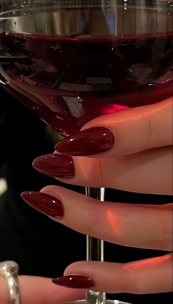Rich Dark Red Medium Almond Nails — Dark Red Nails