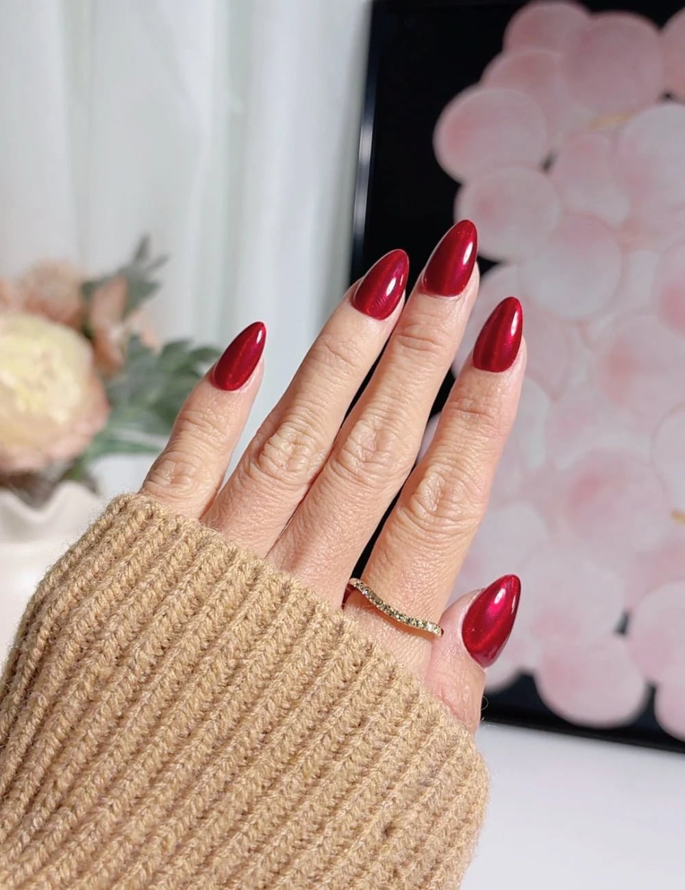 Metallic Red Chrome Medium Almond Nails — Dark Red Nails