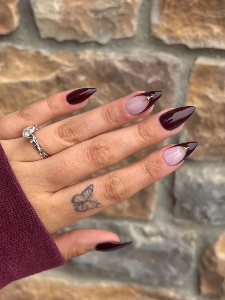 Sharp Medium Stiletto Dark Red French Tip — Dark Red Nails