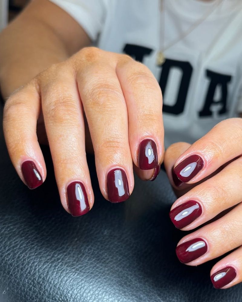 Deep Glossy Red Long Stiletto Nails, French Tip — Dark Red Nails