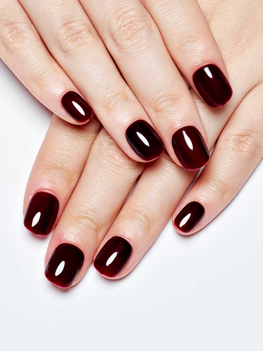 Rich Dark Red Short Square Nails — Dark Red Nails