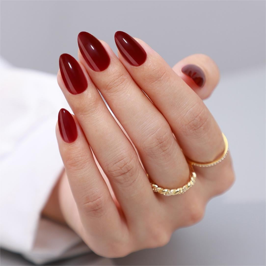 Deep Red Short Almond Nails — Dark Red Nails