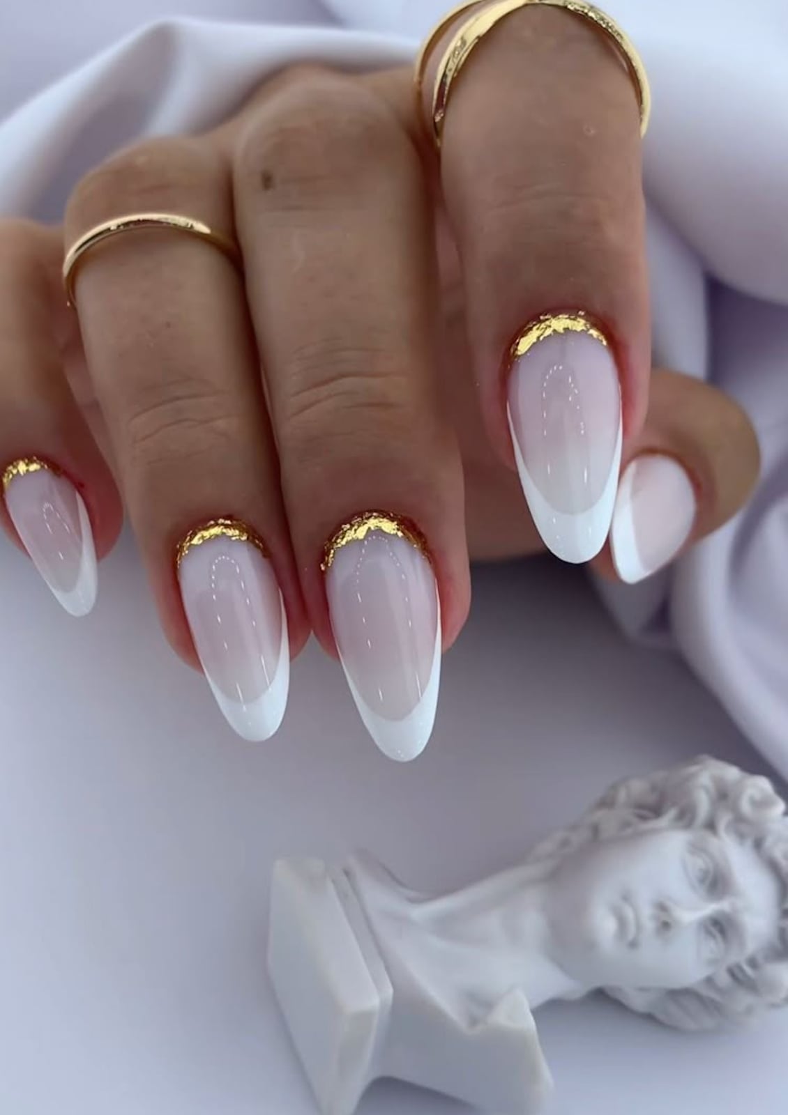 Medium-Long Almond Gold Foil French Tip Nails Medium-Long Almond Gold Foil French Tip Nails — Date Night Nails