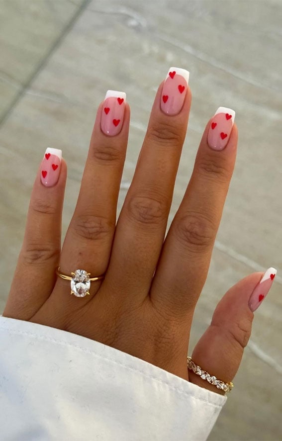 Medium Square Red Heart French Tip Nails Medium Square Red Heart French Tip Nails — Date Night Nails
