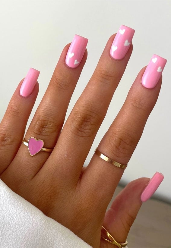 Medium-Long Square Pastel Pink Heart Nails Medium-Long Square Pastel Pink Heart Nails — Date Night Nails