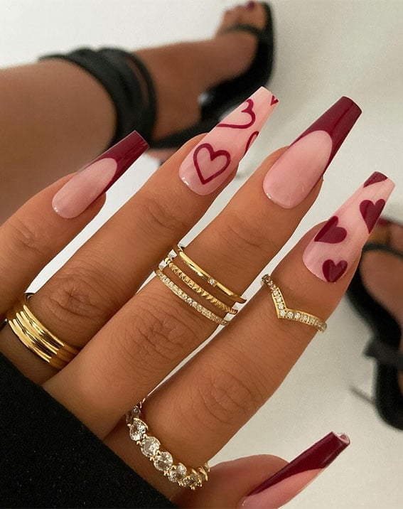 Long Stiletto Pink Burgundy Heart Nails Long Stiletto Pink Burgundy Heart Nails — Date Night Nails